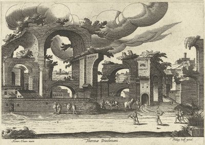 Ruinen der Diokletiansthermen von der Seite mit zwei Männern, die im Vordergrund Krocket spielen, 1585 von Hendrik van Cleve III