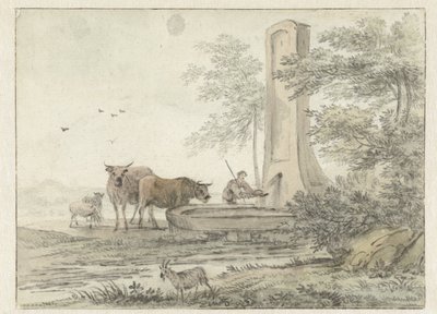 Italienische Landschaft mit Hirte und seinem Vieh und Schafen an einem Brunnen von Hendrik van der Straaten