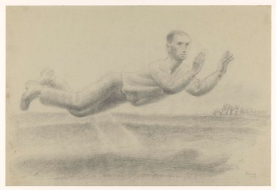 Selbstporträt mit erhobenen Händen schwebend in einer Landschaft von Henk Henriët (signed by artist)