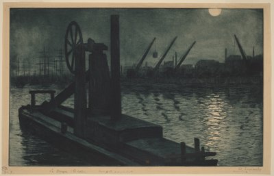 Der Schwimmbagger von Dieppe (ein Schwimmbagger im Hafen von Dieppe bei Mondlicht) von Henri-Charles Guérard