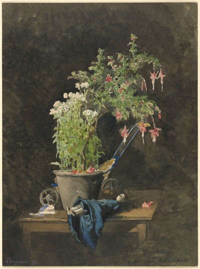 Ein getopfter Fuchsie mit Kinderspielzeug von Henri-Joseph Harpignies