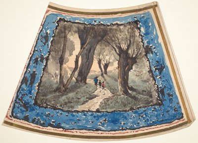 Reisende auf einem bewaldeten Weg mit einer Bordüre aus skurrilen Figuren und Affen von Henri-Joseph Harpignies
