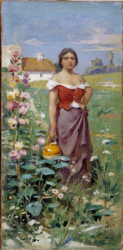 Camargaise mit Krug, junge Frau in einem Feld von Henri Adrien Tanoux