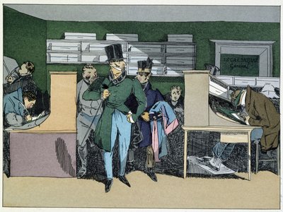 12 Uhr mittags: Ankunft des Abteilungsleiters, Pflichtarbeit - in „Administrative Sitten“ von Henri Monnier von Henri Bonaventure Monnier