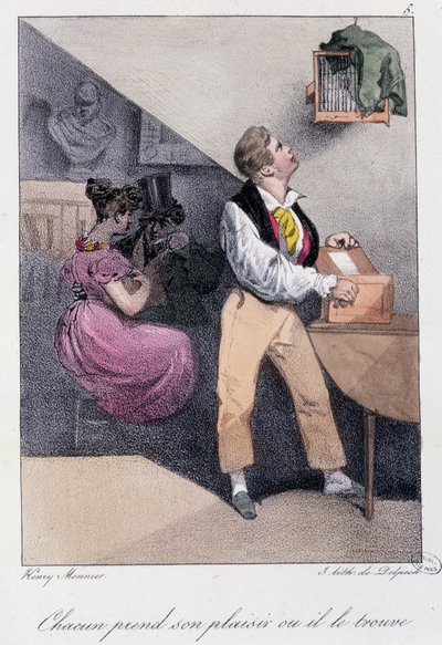 Mann, der Vögel züchtet, während seine Frau ihn betrügt: Jeder nimmt sein Vergnügen oder er findet es - in Les pastemps von Henry Monnier, ed. Delpech, Paris, um 1830 von Henri Bonaventure Monnier