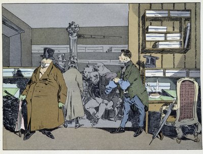 Neun Uhr: Ankunft der Angestellten, Kostümwechsel, kleiner Ofenrundgang - in „Administrative mores“ von Henri Monnier von Henri Bonaventure Monnier