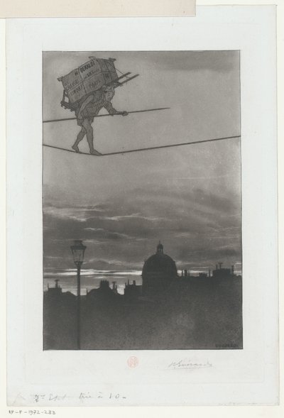 Seiltänzer mit Paket auf dem Rücken über einer Stadt von Henri Charles Guérard (signed by artist)