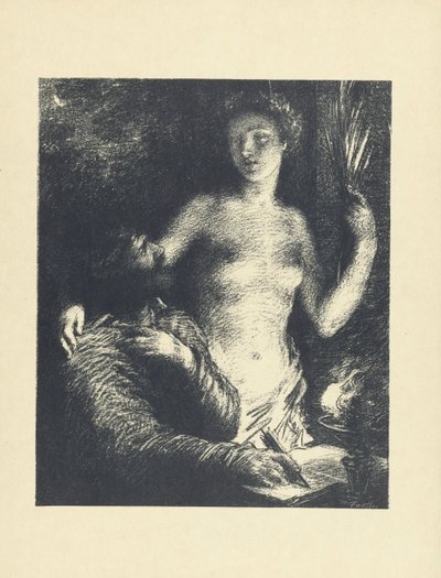 Mann sitzt mit Feder in der Hand und aufgeschlagenem Buch, neben ihm stehende nackte Frau als Muse oder Inspiration von Ignace Henri Jean Fantin Latour