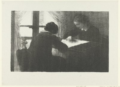 Zwei Frauen sticken am Tisch bei einem Fenster im Innenraum von Ignace Henri Jean Fantin Latour