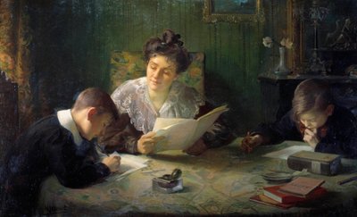 Hausaufgaben. Eine Mutter hilft den Kindern bei den Hausaufgaben. Gemälde von Henri Jamet (1858-1940) 20. Jahrhundert Orleans, Musée des Beaux-Arts von Henri Jamet