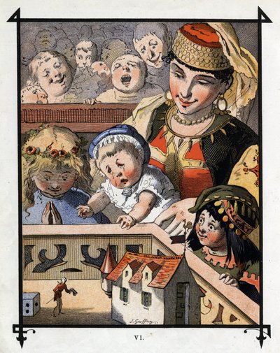 Lemuel Gulliver im Land der Riesen von Brobdingnag ist eine Kuriosität für Kinder. Illustration für „Gullivers Reisen“ von Jonathan Swift (1667-1745) von Henri Jules Jean Geoffroy