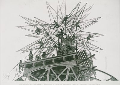 Weltausstellung 1900: Installation des Sterns auf dem Palast der Elektrizität (Gravur) von Henri Lanos
