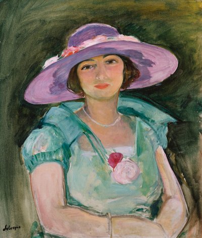 Porträt von Marthe Lebasque mit einem lila Hut, 1925-26 von Henri Lebasque