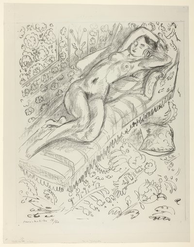 Nackte, die auf einer Chaiselongue mit Mashrabiya-Hintergrund ruht von Henri Matisse