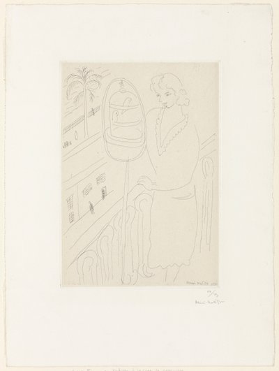 Junge Frau auf einem Balkon, die auf Sittiche schaut von Henri Matisse
