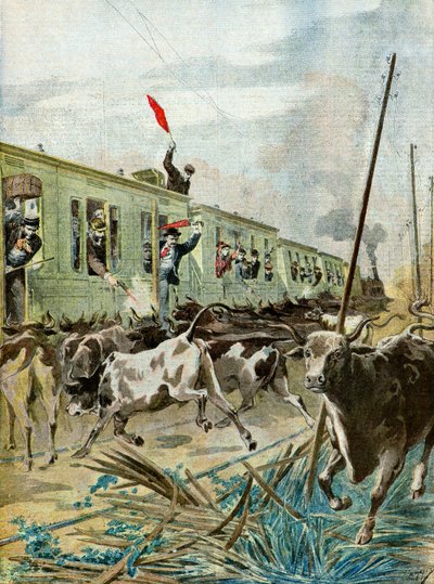 Ein Zug wird von einer Herde Stiere angegriffen, 1895 (Illustration) von Henri Meyer