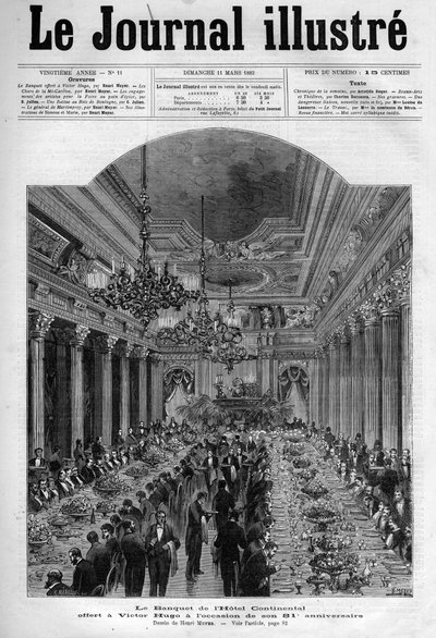 Bankett zu Ehren von Victor Hugo im Hotel Continental zu seinem 81. Geburtstag im Jahr 1883 - Titelseite von „The Illustrous Journal“ von 1883 - Zeichnung von Henri Meyer (1844-1899) von Henri Meyer
