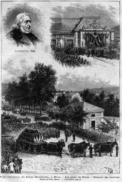 Tod von Leon Gambetta (1838-1882) französischer Politiker - Die Beerdigung von Leon Gambetta in Nizza - der Bahnhof von Nizza - Abfahrt des Trauerzugs - in „Le journal illustrious“ von 1883 - Zeichnung von Henri Meyer (1844-1899) von Henri Meyer