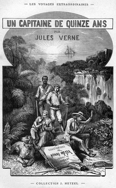 Frontispiz aus Jules Vernes Buch „Ein Kapitän von fünfzehn Jahren“, Hetzel-Ausgabe / Außergewöhnliche Reisen 1878 von Henri Meyer