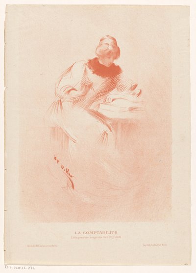 Frau hinter einem Tisch mit einem aufgeschlagenen Buch, eine Feder in der Hand von Henri Patrice Dillon