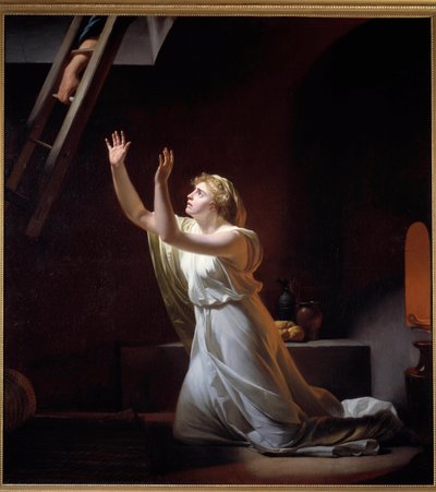 Die Folter einer Vestalin. Eine Vestalin, eine römische Priesterin, die zur Keuschheit verpflichtet ist, wird lebendig in einen Keller gebracht für ihr Vergehen. Gemälde von Henri Pierre Danloux (1753-1809) 1790 von Henri Pierre Danloux