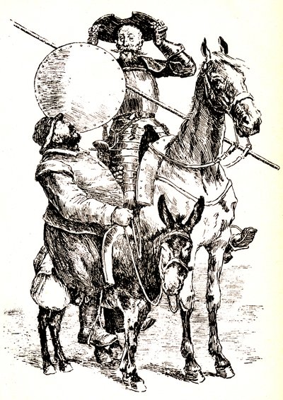 Don Quichotte auf seinem Pferd, neben Sancho auf seinem Esel von Henri Pille