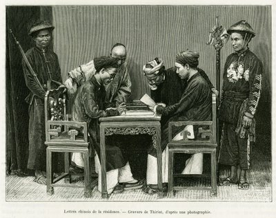 Chinesische Briefe aus der französischen Residenz in Hanoi. Gravur von Thiriat, nach einer Fotografie, zur Illustration der Geschichte „Dreißig Monate in Tonkin“ von Doktor Hocquard, veröffentlicht in Le Tour du monde 1889 von Henri Thiriat