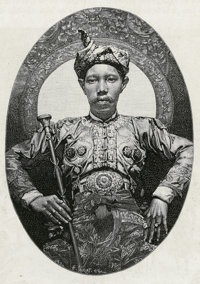 Porträt von Mohammed Yamalul Alam, Sultan von Sulu (Philippinen), 1880. Gravur von Thiriat, zur Illustration der Geschichte „Reise auf die Philippinen“. von Henri Thiriat