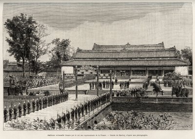 Feierliche Audienz von König Dong Khanh (1864-1889) Kaiser von Annam für die Vertreter Frankreichs in der kaiserlichen Stadt Hue (Vietnam). Gravur von Thiriat zur Illustration der Geschichte Trente mois au Tonkin von Henri Thiriat