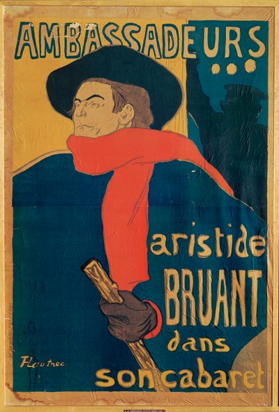 Aristide Bruant, Sänger und Komponist, auf einem Plakat, das seinen Auftritt im eleganten Nachtclub "Les Ambassadeurs" auf den Champs Elysees ankündigt von Henri de Toulouse-Lautrec