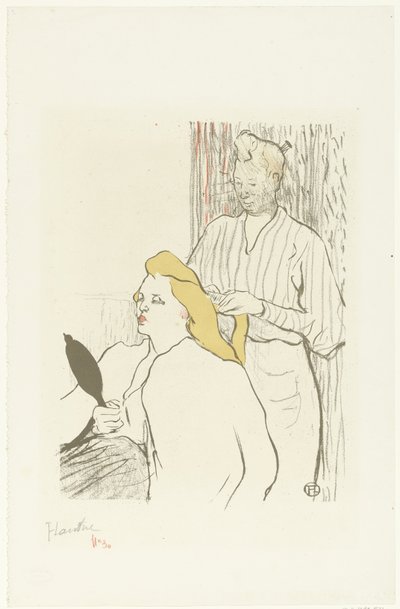 Friseurin kämmt Haare einer sitzenden Frau mit Spiegel in der Hand von Henri de Toulouse Lautrec (signed by artist)