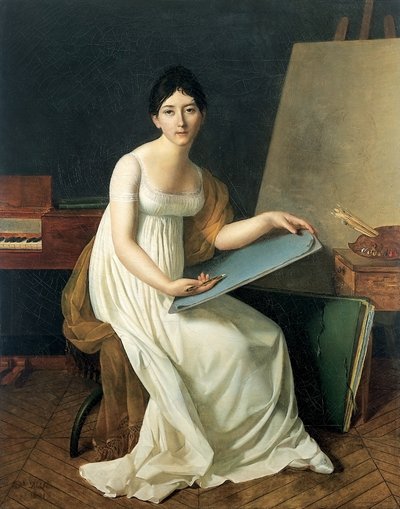 Porträt des Künstlers, in einem weißen Kleid und mit einer Skizze von Henriette Lorimier