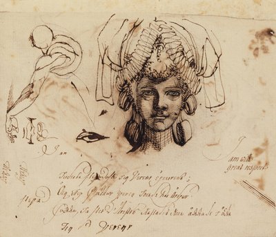 Mrs. Fuseli mit aufwendigem Kopfschmuck und Studien eines Auges, Mundes und Torsos von Johann Heinrich Füssli