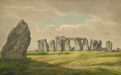 Stonehenge von Nordosten, zeigt Ruinen und Fersenstein mit Wagen, Pferd, Person, 1824-1839 von Henry Browne