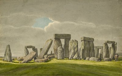 Stonehenge von Südosten, zeigt Steine im ruinösen Zustand mit 2 Besuchern, 1824-1839 von Henry Browne