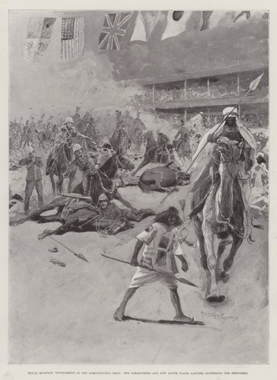 Königliches Militärturnier in der Landwirtschaftshalle, die Karabiniers und die New South Wales Lancers zerstreuen die Derwische von Henry Charles Seppings Wright