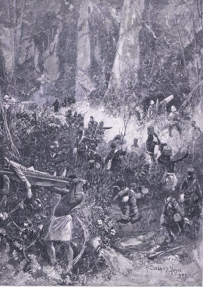 Der Ashanti-Krieg 1900: Ein Kampf im Wald, Illustration aus Cassells Geschichte Englands, 1900er Jahre von Henry Charles Seppings Wright