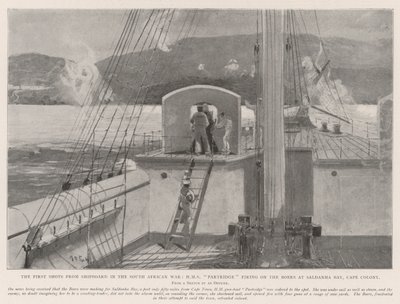 Die ersten Schüsse vom Schiff im Südafrikanischen Krieg, HMS Partridge feuert auf die Buren in der Saldanha-Bucht, Kapkolonie von Henry Charles Seppings Wright