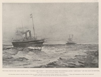 Die Probefahrt der neuen Yacht des Königs, Victoria und Albert, die Yacht spricht den heimkehrenden Centurion vor der Küste Portugals an von Henry Charles Seppings Wright