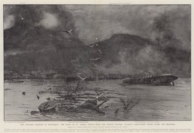 Die Vulkanische Katastrophe in Martinique, die Ruinen von St. Pierre gesehen vom französischen Kreuzer Suchet, achtundvierzig Stunden nach dem Ausbruch von Henry Charles Seppings Wright