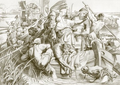 Wie Hereward aus Ely abreiste und wie er die Stute Swallow tötete (Gravur) von Henry Courtney (after) Selous