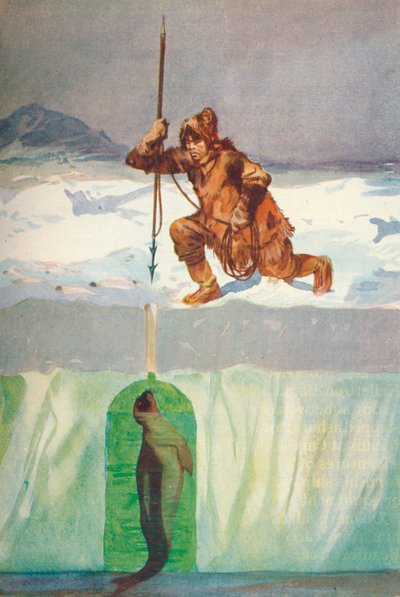 Eskimo, der im Begriff ist, eine Robbe durch ihr Atemloch zu speeren, ca. 1927, 1928 von Henry Evison