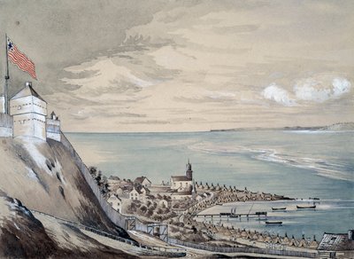 Fort und Dorf Mackinaw mit dem Indianerlager, September 1842 von Henry Francis Ainslie