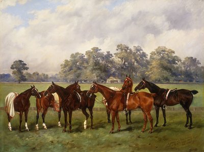 Eine Gruppe von Poloponys, Dainty, Gold, Redskin, Miss Edge und Piper, Eigentum von Sir Humphrey de Trafford, Bart, 1895 von Henry Frederick Lucas Lucas