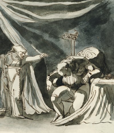 Eine alte Frau mit Rosenkranz verflucht einen sitzenden Mann; möglicherweise Königin Margarete, die den Herzog von Gloucester verflucht von Johann Heinrich Füssli
