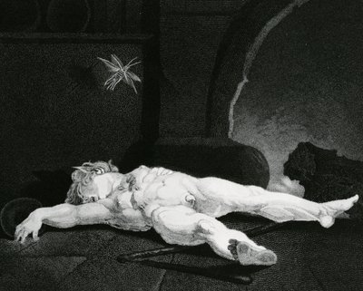 Puck schläft vor dem Landherd, graviert von Moses Haughton Jr. von Johann Heinrich Füssli