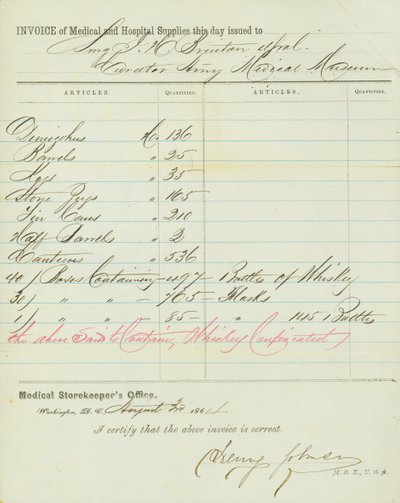Rechnung für medizinische und Krankenhausvorräte, unterzeichnet von Henry Johnson, 30. August 1864 von Henry Johnson