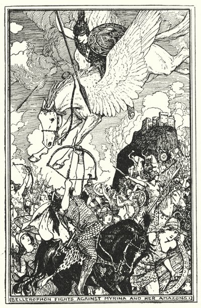 Bellerophon kämpft gegen Myrina und ihre Amazonen (Lithografie) von Henry Justice Ford