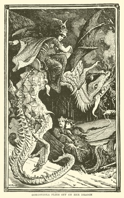 Gorgonzola fliegt auf ihrem Drachen davon (Gravur) von Henry Justice Ford