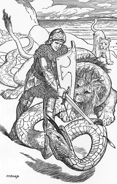 Percival kämpft gegen die Schlange (Illustration von HJ Ford aus „Das Buch der Romantik“ 1902) von Henry Justice Ford
